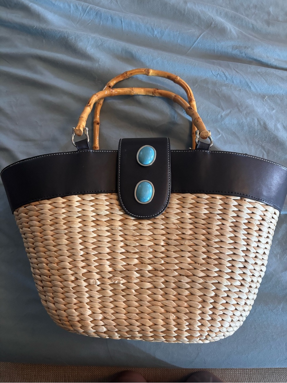 LOFT Woven Straw Tote with Brown Trim and Turquoise Accents